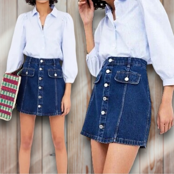 ✨ Zara Authentic Denim Button Down High Rise Blue Jean Skirt - Picture 2 of 10